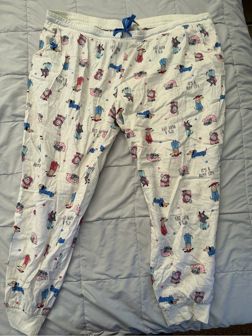 White Pajama Pants with Blue & Pink Dog Print